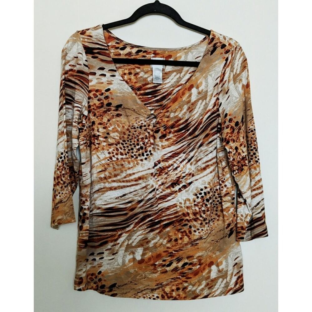 Chico's Animal Print Mix V-Neck Shirt Abstract Orange Rust, Brown, White Cream 2